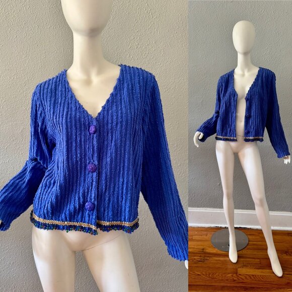 Vintage 90s Blue Cotton Ribbed CHENILLE Beaded Jacket M - Picture 1 of 14